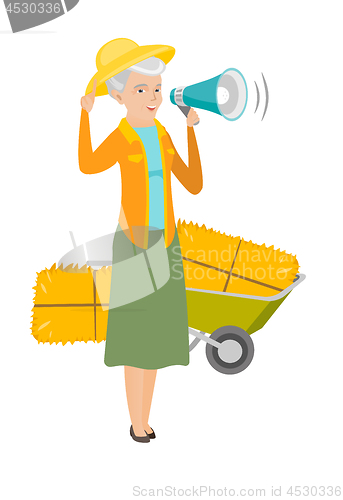 Image of Senior caucasian farmer talking into loudspeaker.