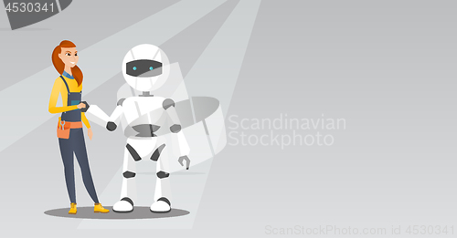 Image of Young caucasian woman handshaking with robot.