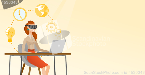 Image of Business woman in vr headset working on a computer