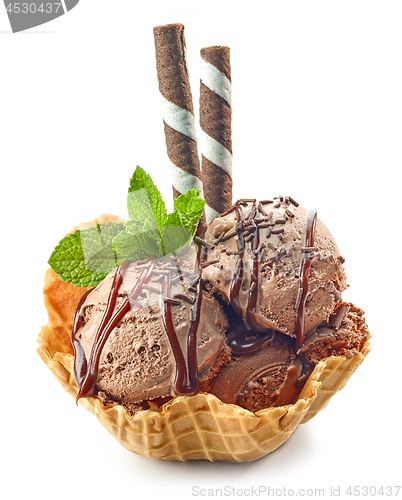 Image of chocolate ice cream in waffle basket