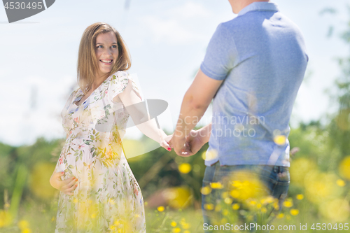 Image of Young happy pregnant couple in love holding hands, relaxing in meadow.