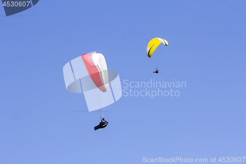 Image of Paragliding in the blue sky as background extreme sport