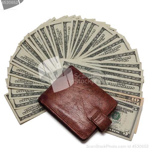 Image of Dollars and purse, close up on a white background