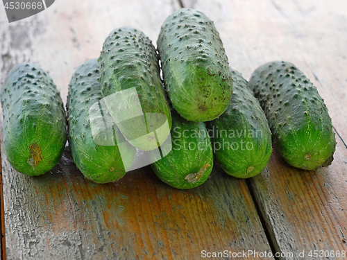 Image of Fresh Green Cucumbers on the Old Wooden Table