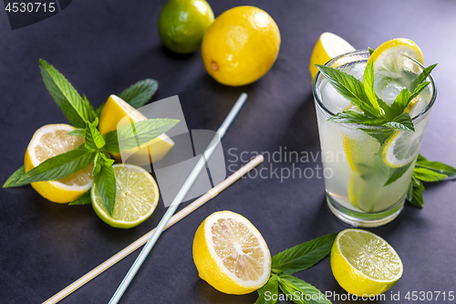 Image of Cold refreshing summer lemonade with mint in a glass