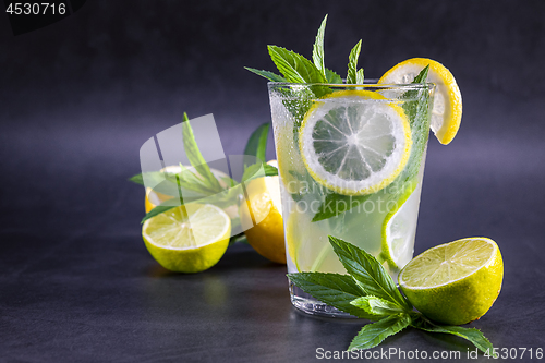 Image of Cold refreshing summer lemonade with mint in a glass