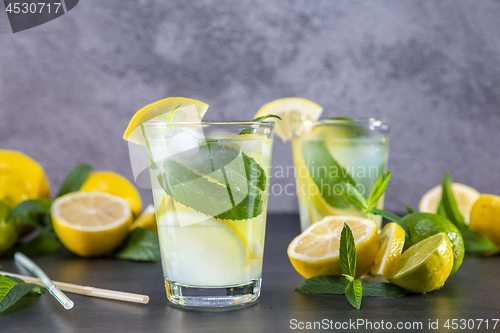Image of Cold refreshing summer lemonade with mint in a glass