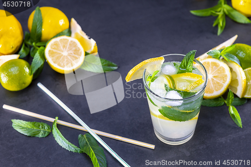 Image of Top view of fresh lemonade with mint in glasses