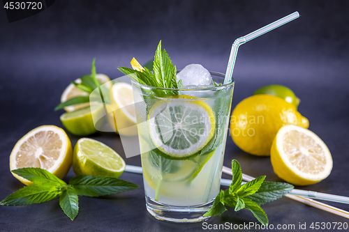 Image of Cold refreshing summer lemonade with mint in a glass