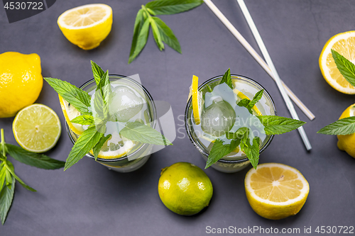 Image of Top view of fresh lemonade with mint in glasses