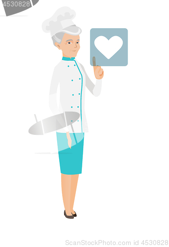 Image of Caucasian chef cook pressing web button with heart