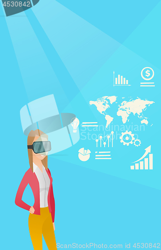 Image of Young woman in vr headset analyzing virtual data.