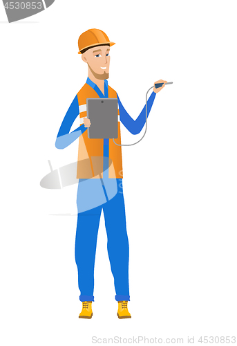 Image of Caucasian electrician with electrical equipment.