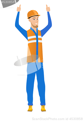 Image of Caucasian builder standing with raised arms up.