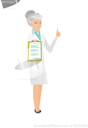 Image of Caucasian doctor with clipboard giving thumb up.