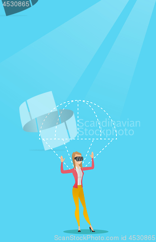 Image of Young woman in vr headset flying with parachute.