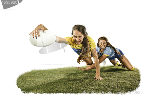 Image of The young female rugby players isolated on white backround