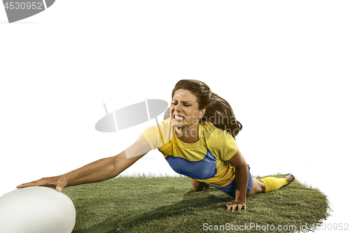 Image of The young female rugby player isolated on white backround