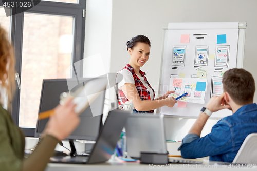 Image of creative woman showing user interface at office