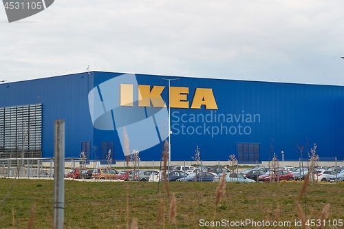 Image of Ikea store sign on blue wall