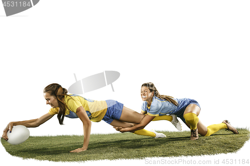 Image of The young female rugby players isolated on white backround