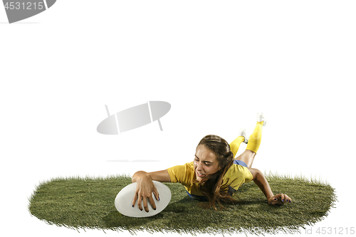 Image of The young female rugby player isolated on white backround