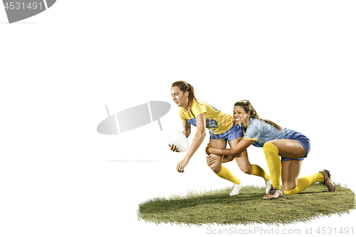 Image of The young female rugby players isolated on white backround