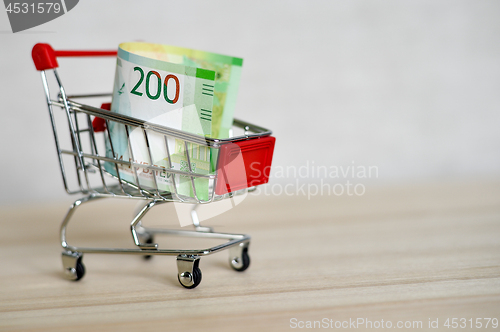 Image of Russian money banknotes in a shopping trolley, online shopping concept.
