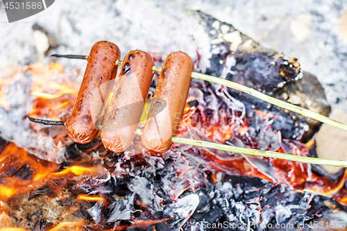 Image of Grilling sausages over an open fire outdoors.