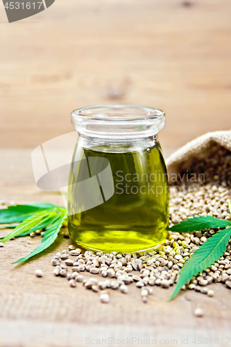 Image of Oil hemp in jar with sheet on old board