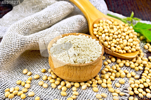 Image of Flour soy in bowl with soybeans on board