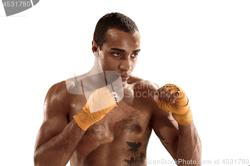 Image of Sporty man during boxing exercise. Photo of boxer on white background