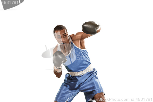 Image of Sporty man during boxing exercise. Photo of boxer on white background