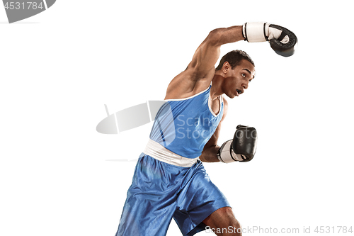 Image of Sporty man during boxing exercise. Photo of boxer on white background