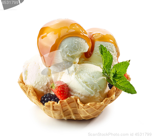 Image of vanilla ice cream in waffle basket