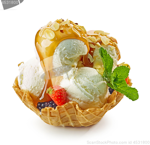 Image of vanilla ice cream in waffle basket