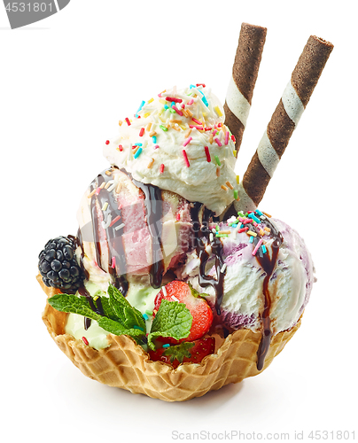 Image of decorated ice cream in waffle basket