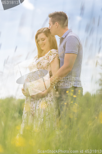 Image of Young happy pregnant couple hugging in nature.