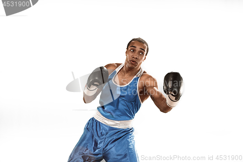 Image of Sporty man during boxing exercise. Photo of boxer on white background