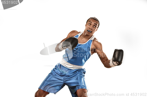 Image of Sporty man during boxing exercise. Photo of boxer on white background