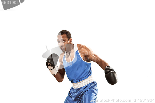 Image of Sporty man during boxing exercise. Photo of boxer on white background