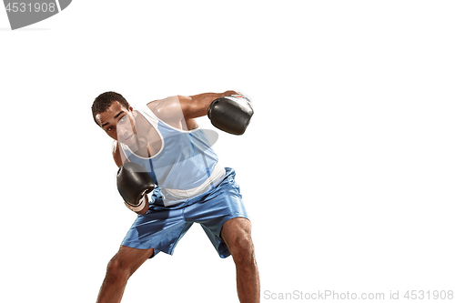 Image of Sporty man during boxing exercise. Photo of boxer on white background