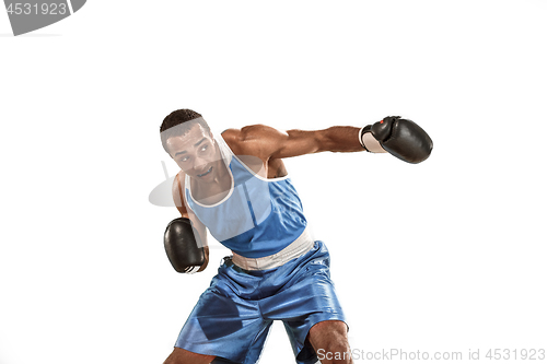 Image of Sporty man during boxing exercise. Photo of boxer on white background