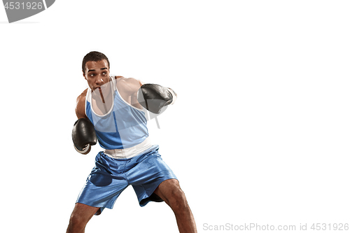 Image of Sporty man during boxing exercise. Photo of boxer on white background