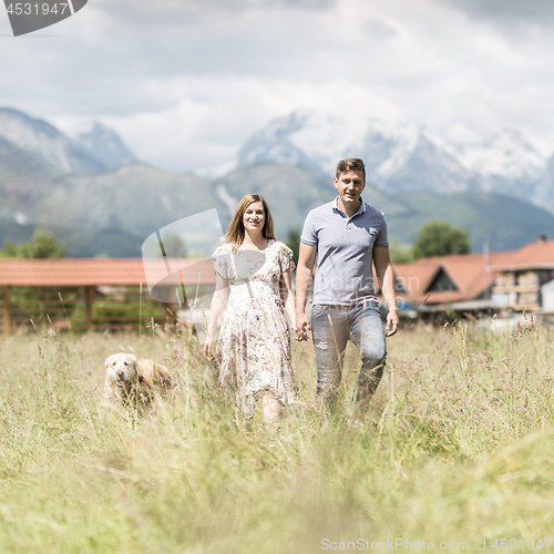 Image of Young happy pregnant couple holding hands walking it\'s Golden retriever dog outdoors in meadow.