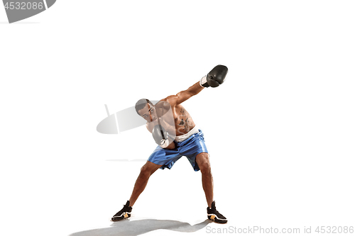 Image of Sporty man during boxing exercise. Photo of boxer on white background