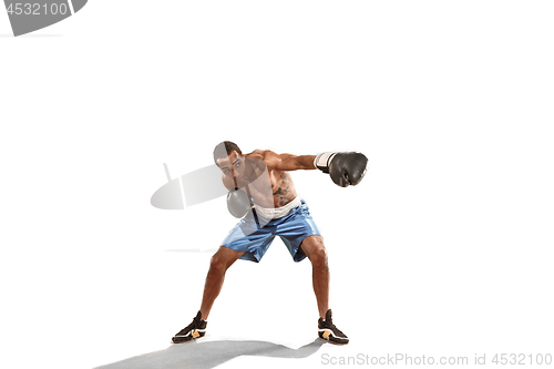 Image of Sporty man during boxing exercise. Photo of boxer on white background