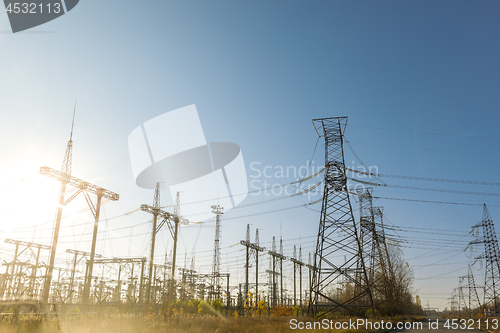 Image of Large pylons at power distributing station