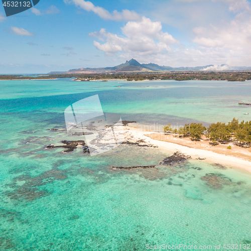 Image of Aerial view of beautiful tropical beach with turquoise sea. Tropical vacation paradise destination of D\'eau Douce and Ile aux Cerfs Mauritius