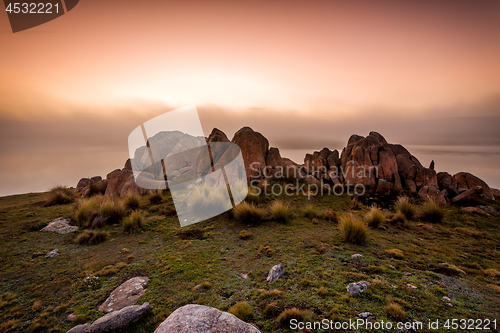 Image of Snowy High Plains foggy sunrise